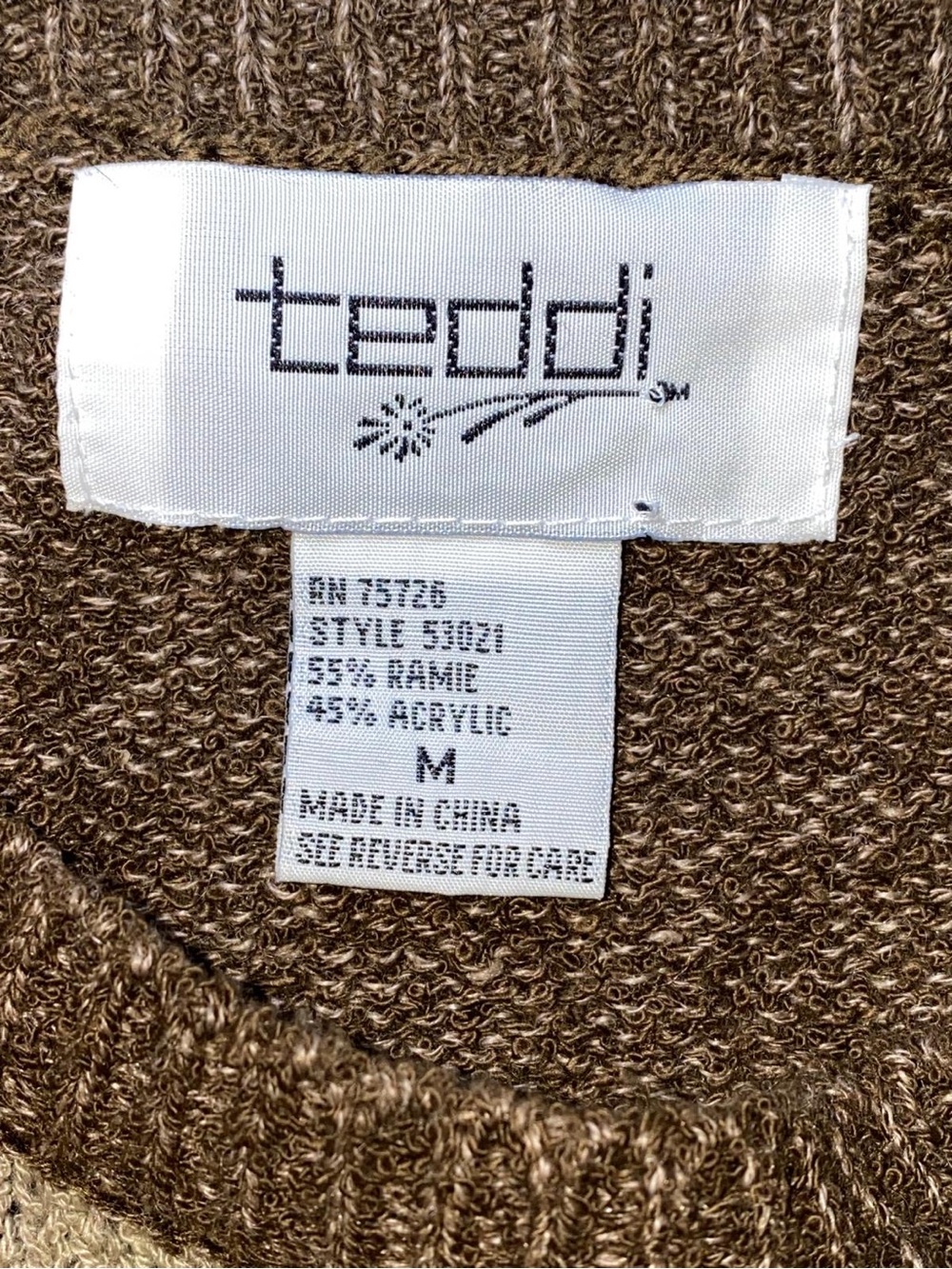 Vintage Teddi Patchwork Knit Crewneck Sweater Brown Grey Block Stitch Size M - Picture 9 of 9